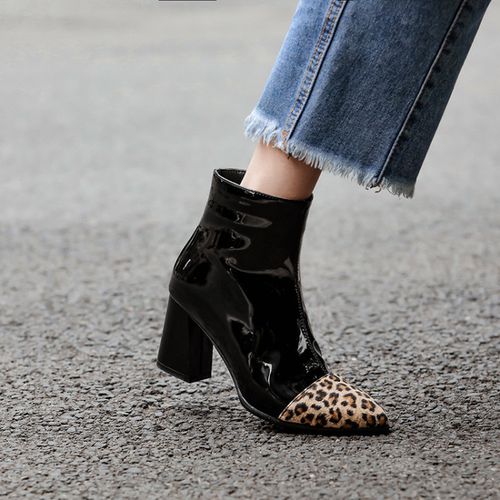 Women Leopard Print Patent Leather High Heels Short Boots