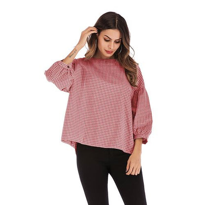 Plaid Casual  Spring Loose Plus Size Round Neck Wild Top Women T Shirts