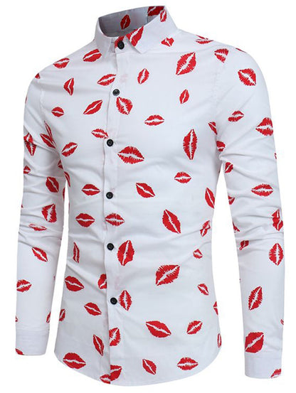 Turndown Collar Red Lips Print Long Sleeve Men Shirt 2135