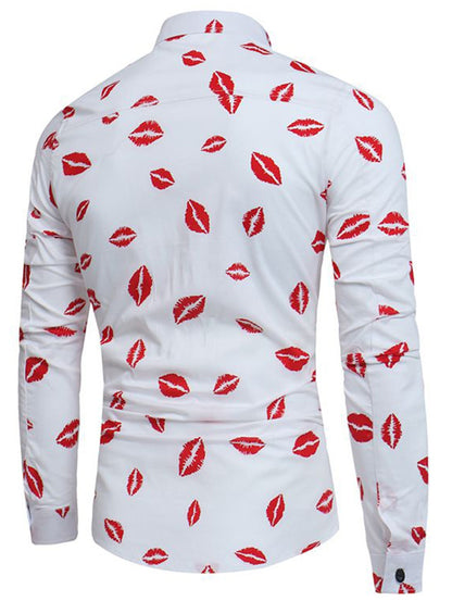 Turndown Collar Red Lips Print Long Sleeve Men Shirt 2135