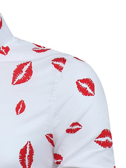 Turndown Collar Red Lips Print Long Sleeve Men Shirt 2135