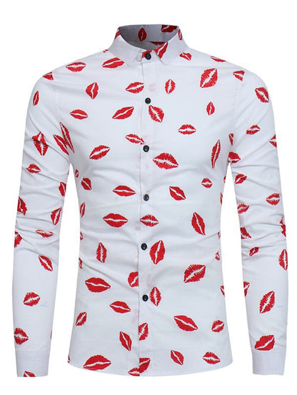 Turndown Collar Red Lips Print Long Sleeve Men Shirt 2135