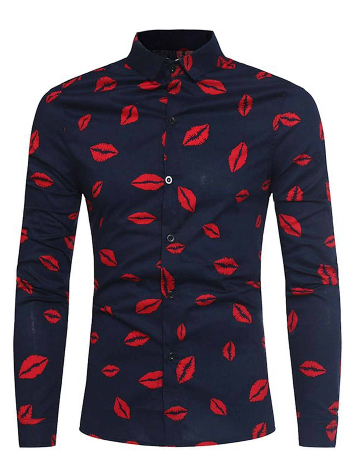 Turndown Collar Red Lips Print Long Sleeve Men Shirt 2135