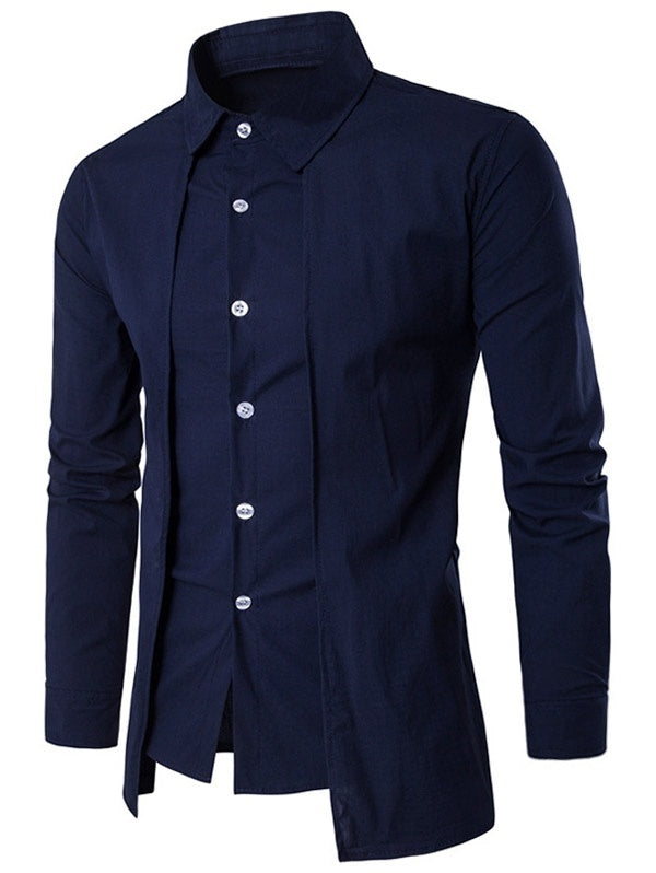 Turndown Collar Long Sleeve False Two-piece Men Shirt 7516
