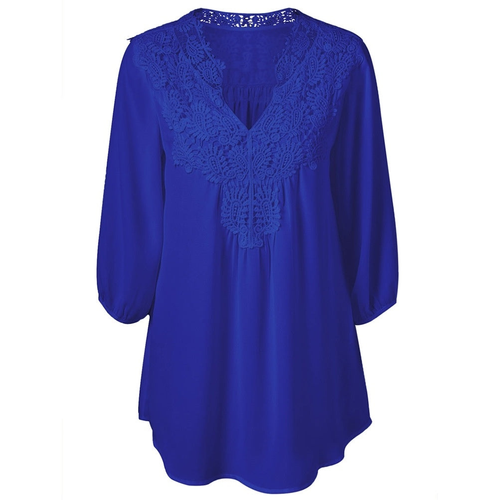 V Neck Three Quarter Sleeve Lace Patchwork Chiffon Blouse 9849