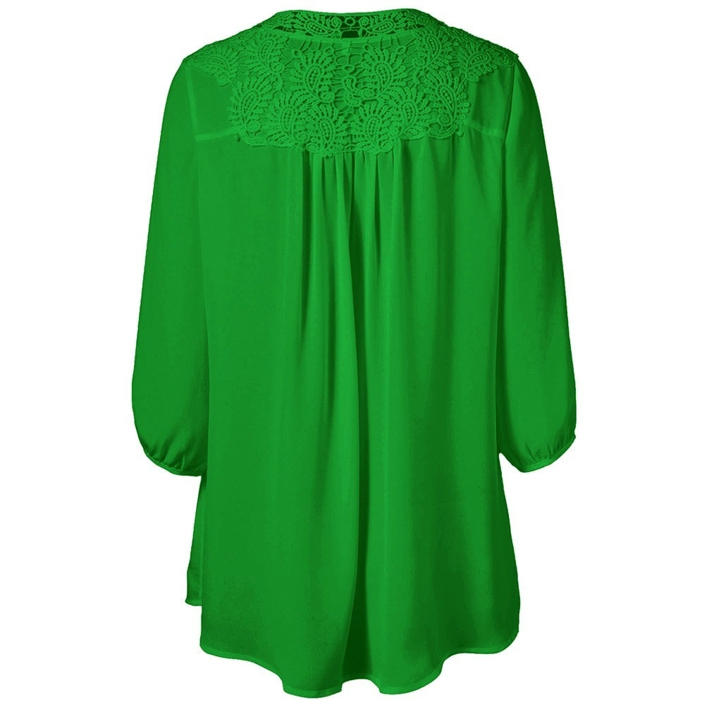 V Neck Three Quarter Sleeve Lace Patchwork Chiffon Blouse 9849