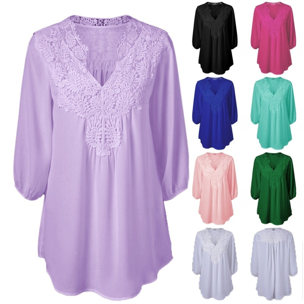 V Neck Three Quarter Sleeve Lace Patchwork Chiffon Blouse 9849