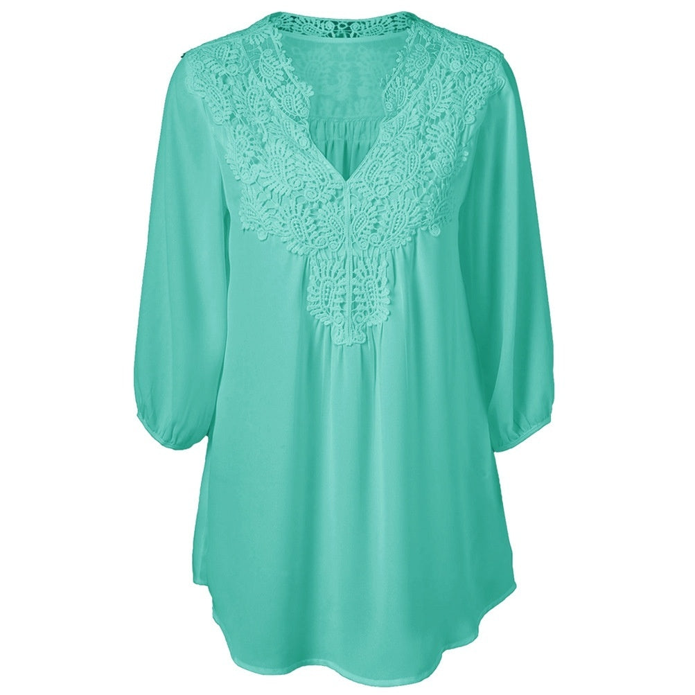 V Neck Three Quarter Sleeve Lace Patchwork Chiffon Blouse 9849