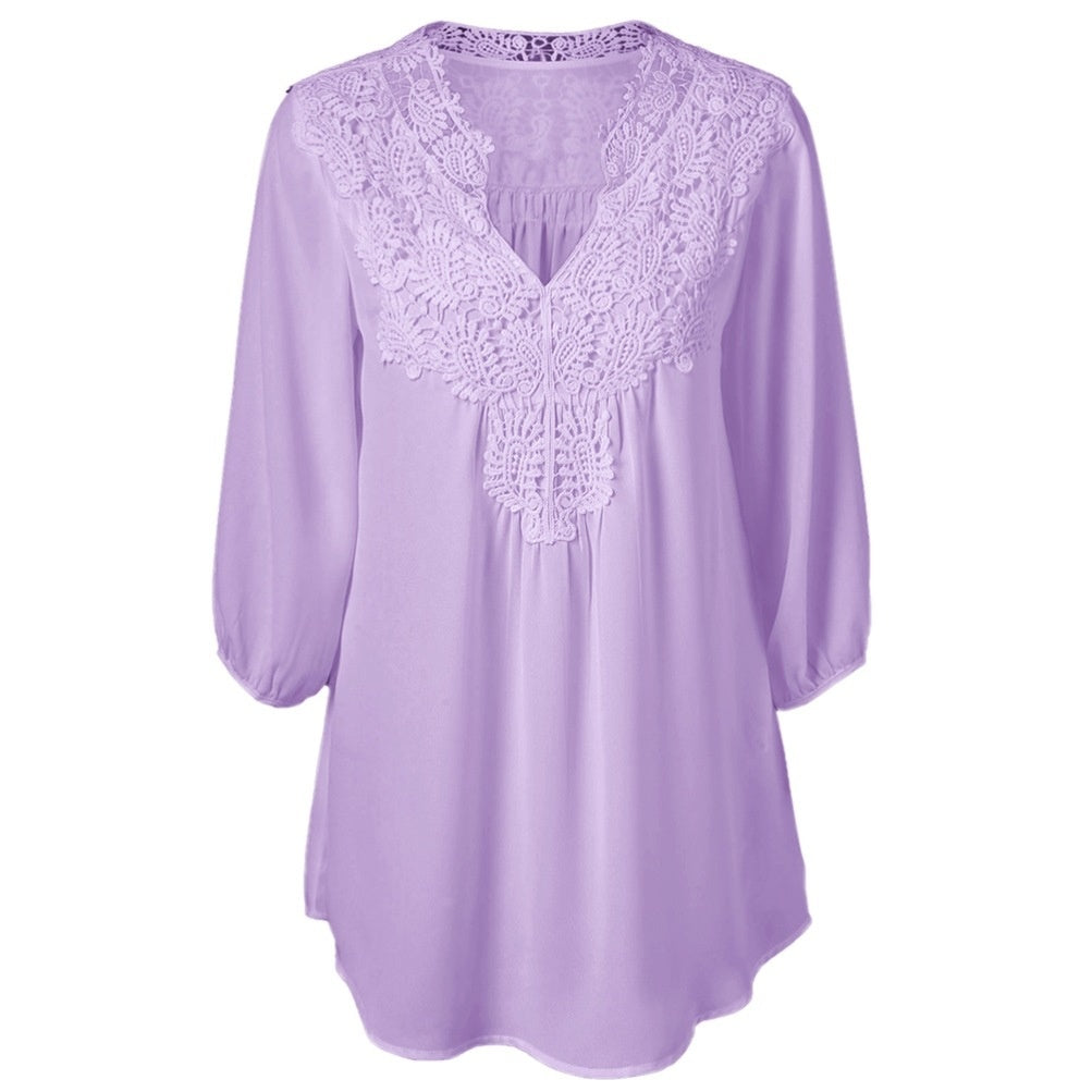 V Neck Three Quarter Sleeve Lace Patchwork Chiffon Blouse 9849