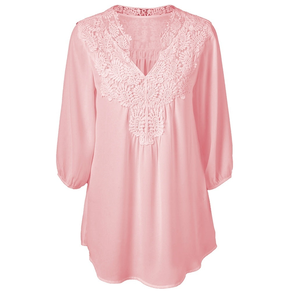 V Neck Three Quarter Sleeve Lace Patchwork Chiffon Blouse 9849