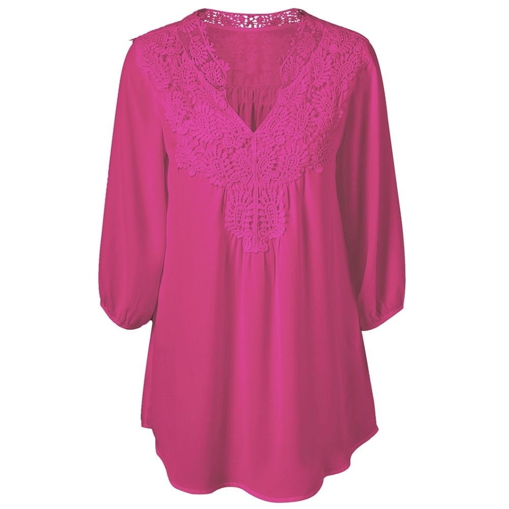 V Neck Three Quarter Sleeve Lace Patchwork Chiffon Blouse 9849