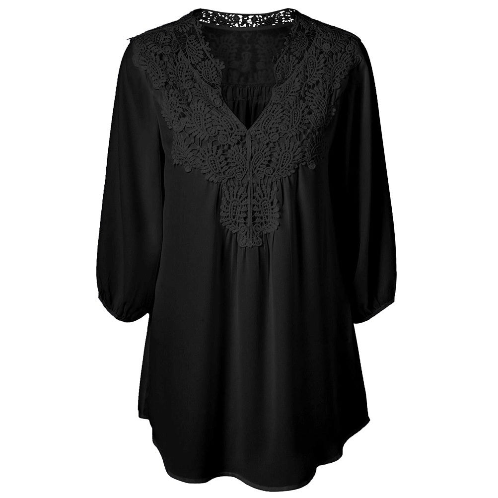 V Neck Three Quarter Sleeve Lace Patchwork Chiffon Blouse 9849