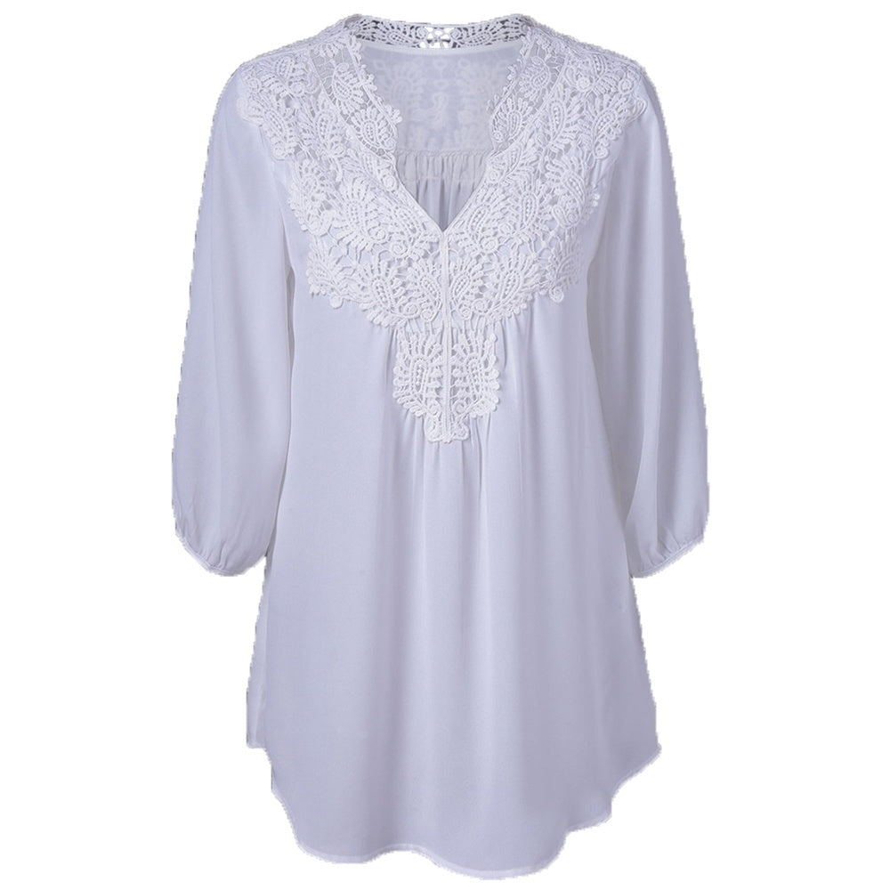 V Neck Three Quarter Sleeve Lace Patchwork Chiffon Blouse 9849