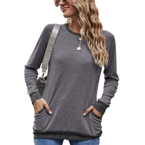 Women Color Contrast Pocket Sweater Long Sleeve Pullover Sweatshirt T-shirt