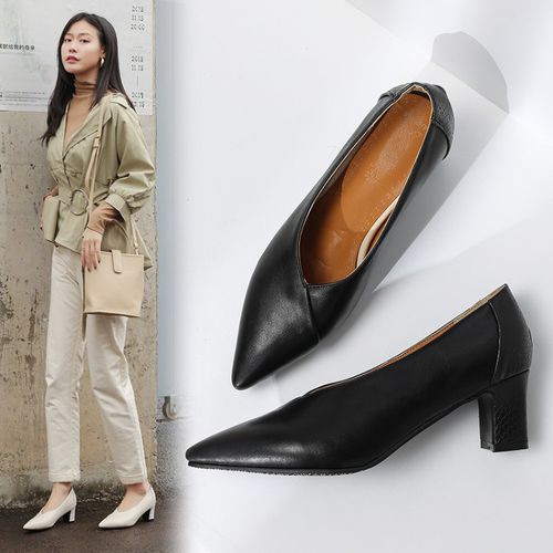 Women Pointed Toe High Heel Chunky Pumps