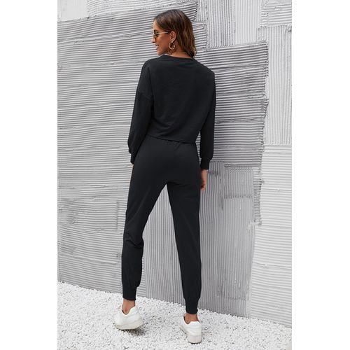 Womens Solid Color Long Sleeve Tops Pants Two Pieces Sports Suit