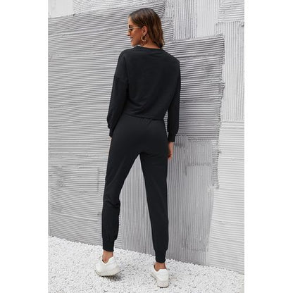 Womens Solid Color Long Sleeve Tops Pants Two Pieces Sports Suit