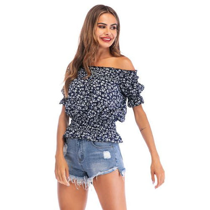 Off-shoulder Sexy Off Shoulder Foam Sleeve Top Floral Waist   Women Chiffon Shirt Blouses