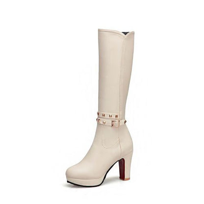 Women Rivets High Heels Knee High Boots