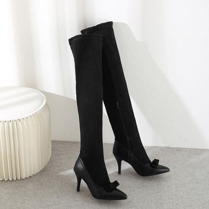 Women Pointed Toe Bow Tie High Heel Tall Boots