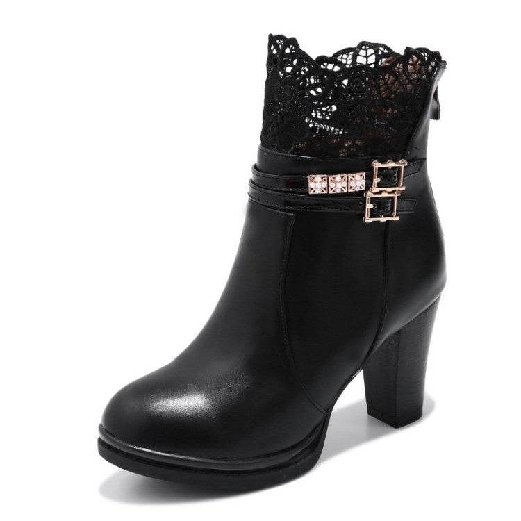 Women's Buckle Belt Lace High Heeled Short Boots