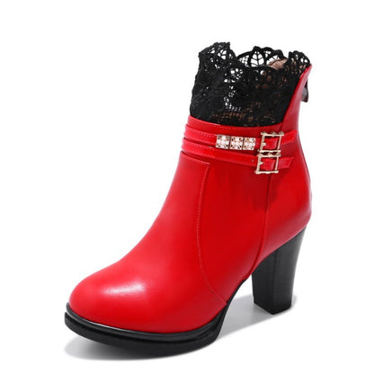 Women's Buckle Belt Lace High Heeled Short Boots