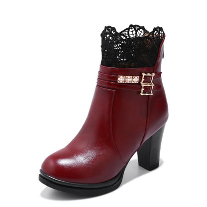 Women's Buckle Belt Lace High Heeled Short Boots