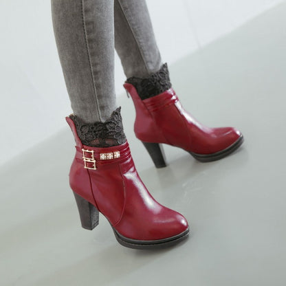 Women's Buckle Belt Lace High Heeled Short Boots