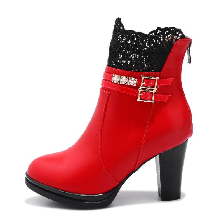 Women's Buckle Belt Lace High Heeled Short Boots