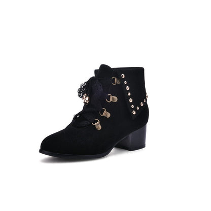 Women's Lace Up Studded Chunky Heel Short Boots