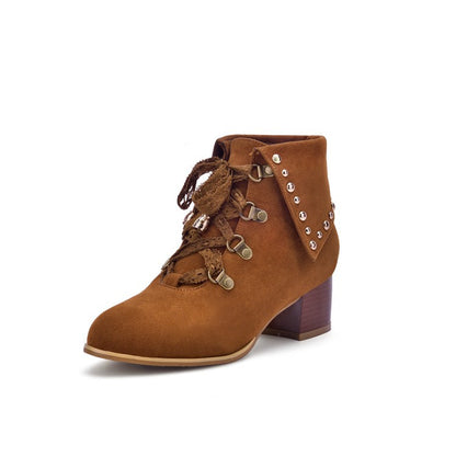 Women's Lace Up Studded Chunky Heel Short Boots