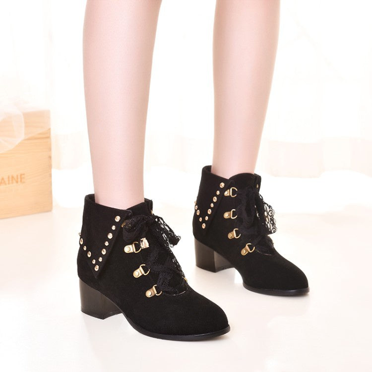 Women's Lace Up Studded Chunky Heel Short Boots