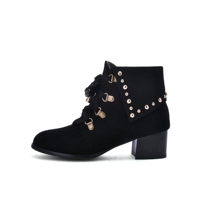 Women's Lace Up Studded Chunky Heel Short Boots