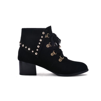 Women's Lace Up Studded Chunky Heel Short Boots