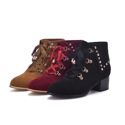 Women's Lace Up Studded Chunky Heel Short Boots