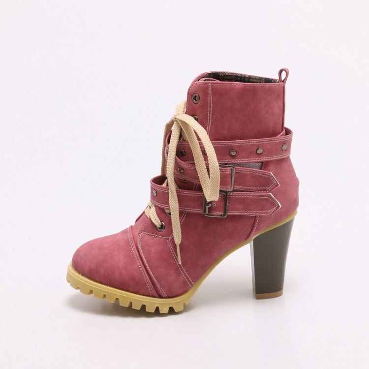 Women's Lace Up Buckle Belt Short Boots