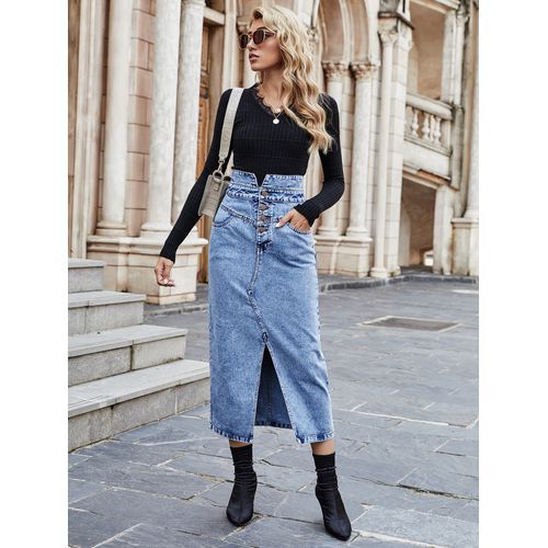 Ins Fashion High Waist Button Slit Denim Women Skirts