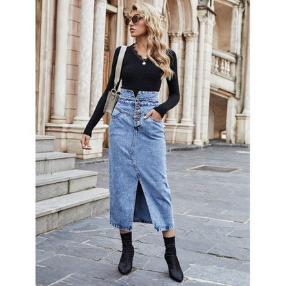 Ins Fashion High Waist Button Slit Denim Women Skirts