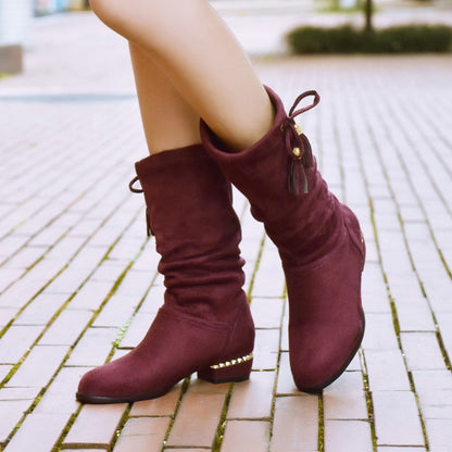 Women's Velvet Low Heeled Tassel Mid Calf Boots