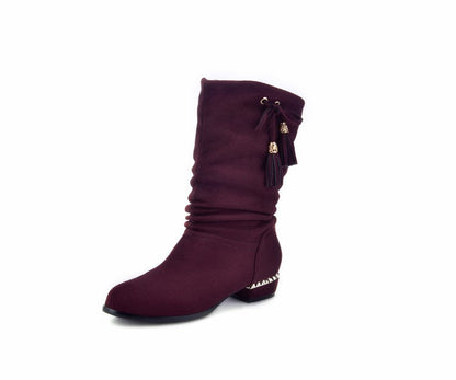 Women's Velvet Low Heeled Tassel Mid Calf Boots