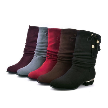 Women's Velvet Low Heeled Tassel Mid Calf Boots