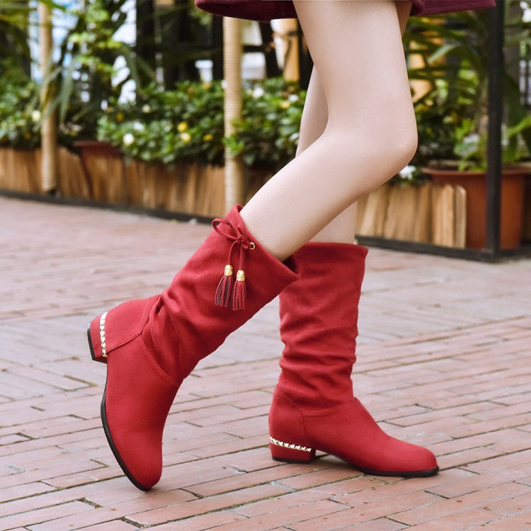 Women's Velvet Low Heeled Tassel Mid Calf Boots