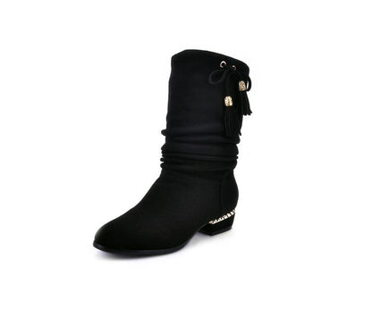 Women's Velvet Low Heeled Tassel Mid Calf Boots