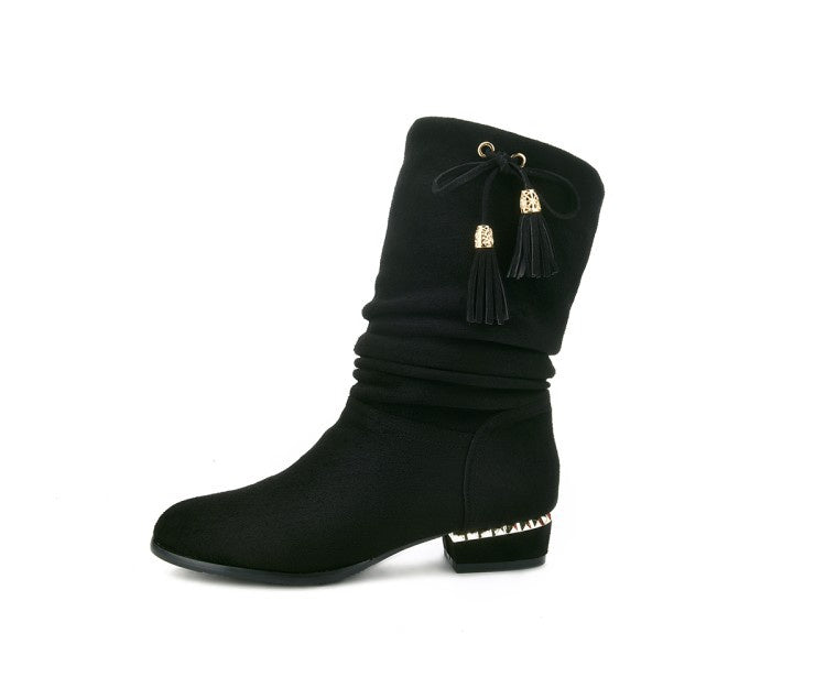 Women's Velvet Low Heeled Tassel Mid Calf Boots