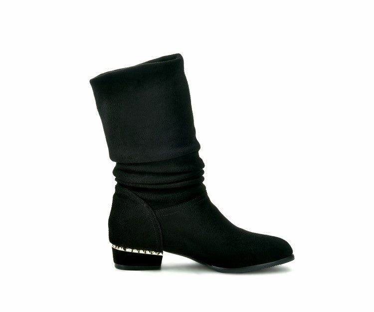 Women's Velvet Low Heeled Tassel Mid Calf Boots