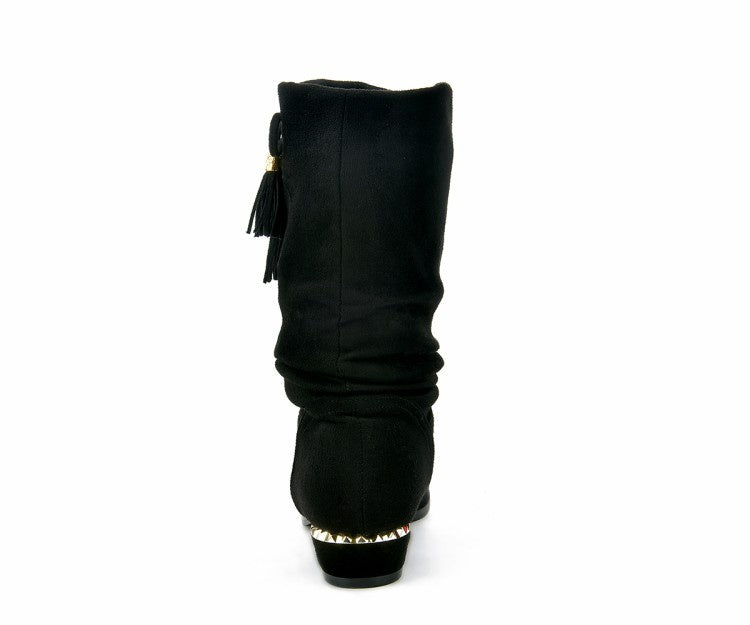 Women's Velvet Low Heeled Tassel Mid Calf Boots