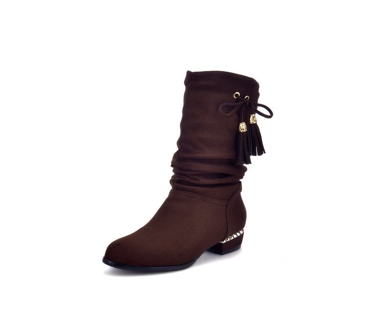 Women's Velvet Low Heeled Tassel Mid Calf Boots