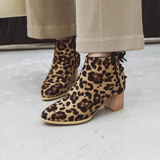 Leopard Printed Women's High Heeled Ankle Boots