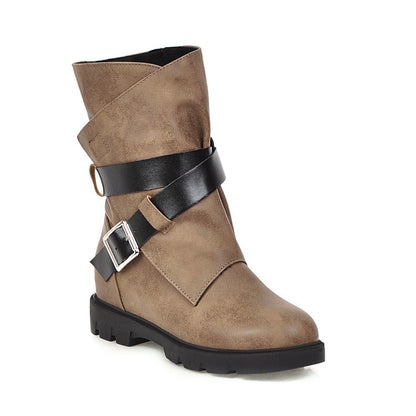 Buckle Belt Mid Calf Bots Woman Shoes