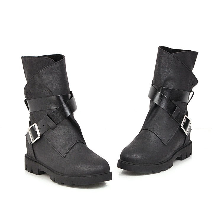 Buckle Belt Mid Calf Bots Woman Shoes